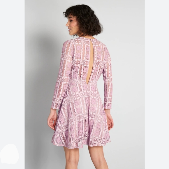 Modcloth Lavender Lace, Sexy Back Slit Fit & Flare Long Sleeved Mini Dress - Picture 6 of 15